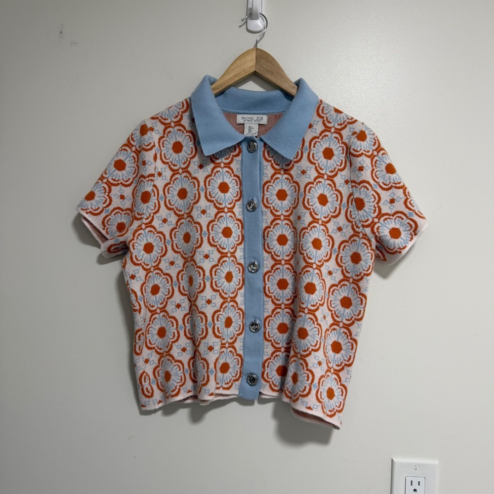 Rachel Zoe Floral Knit Button Front Polo Cardigan Womens L Blue Orange Retro